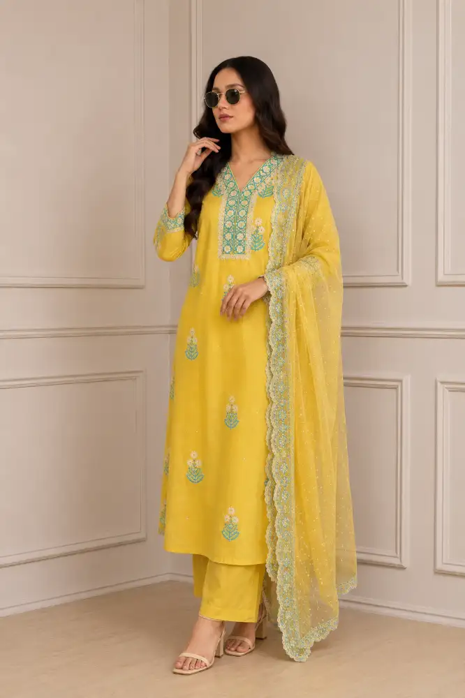 Women's Cotton Blend Straight Hand Block Printed Kurta with Pant & Dupatta